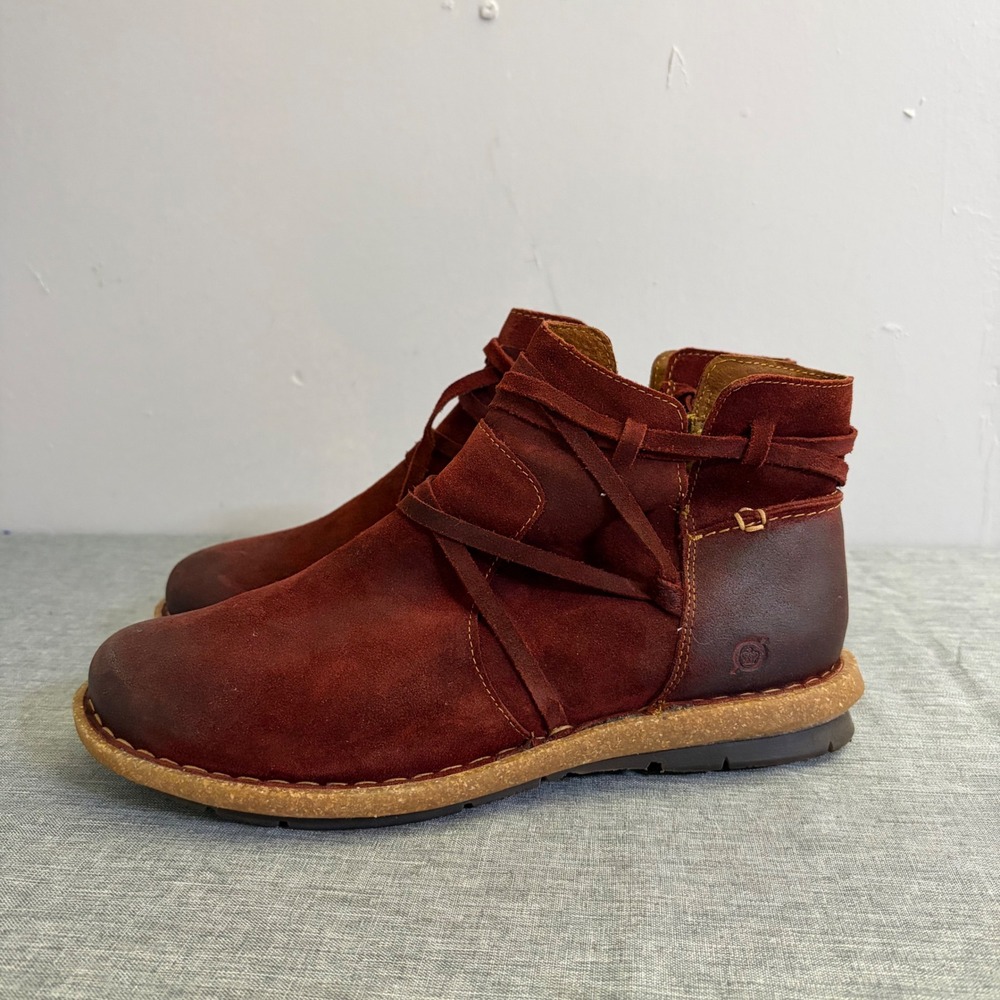 Born Ankle Boots Womens 11 Rust Red Suede Leather Lace Wrap BR0013647